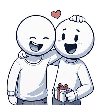 Two cute cartoon friends hugging, one holding a small gift with a heart above