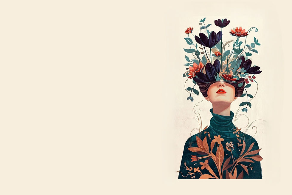 Woman with blooming flowers as headpiece, symbolizing women’s growth, clarity, joy, and pleasure empowerment