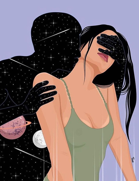 Woman embraced by cosmic figure, reflecting PMS Log’s message that sex should be safe, consensual, and personally fulfilling