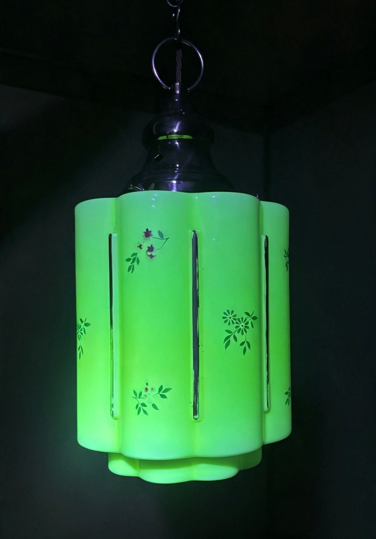 Antique Painted Uranium Custard Glass Pendant Light, Circa 1920 & Brass Gallery