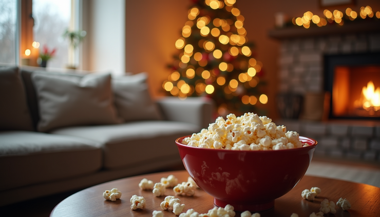 Eye-level view of a cozy living room with a sofa, a bowl of popcorn, and Christmas decorations