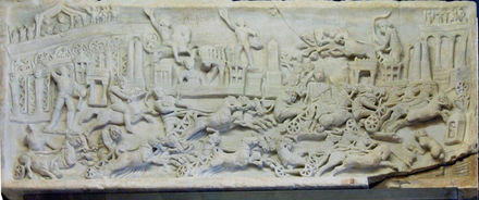 Half-relief with a quadriga race in the Circus Maximus, Rome (2-3rd century); Trinci Palace, Foligno, Italy