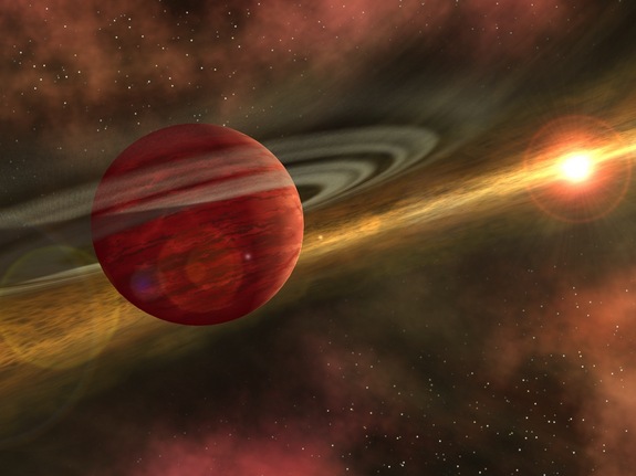 An artist's conception of a young planet in a distant orbit around its host star. The star still harbors a debris disk, remnant material from star and planet formation, interior to the planet's orbit. Credit: NASA/JPL-Caltech