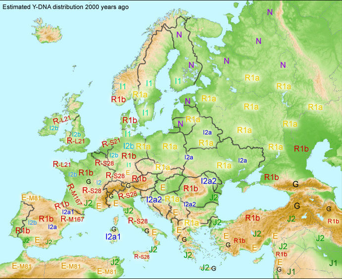 Suggested map of Y-DNA distribution in Europe around 100 CE