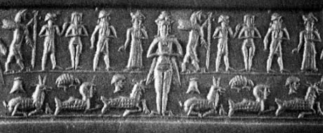 Inanna, wearing a multi-horned crown stands with her head in the realm of the deities and their devotees. Her bird-clawed feet rest in the underworld, inhabited by strange and demonic creatures. Mesopotamian cylinder seal, 2000-1600 B.C.