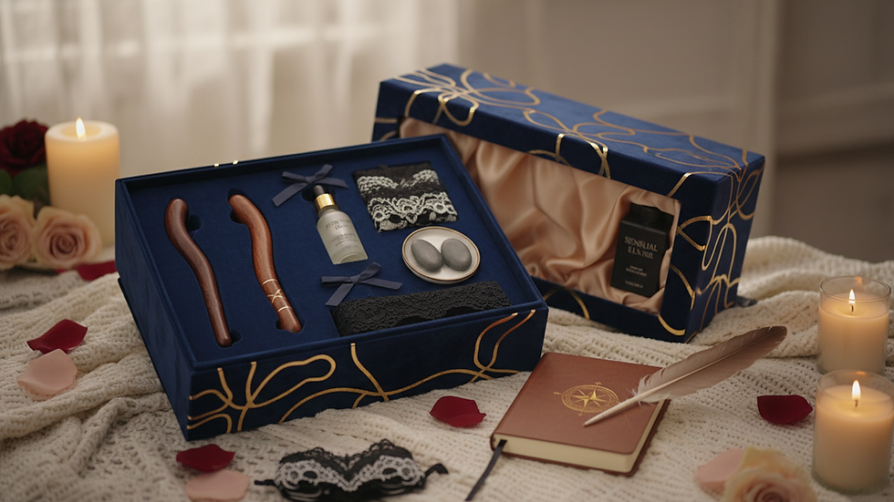 Eye-level view of a luxury couples intimacy kit with elegant packaging and toys