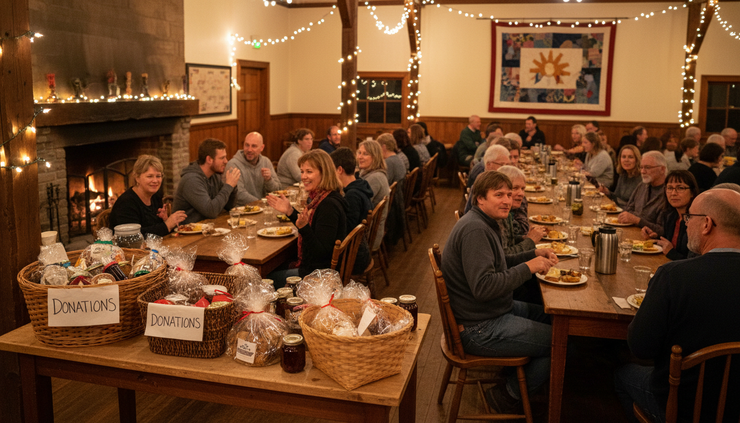 Wide-angle view of a welcoming event space filled with neighbors around long wooden tables.