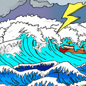 DALL·E 2022-10-13 15.05.12 - cartoon of stormy seas with lightning and big waves and a shi