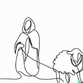 DALL·E 2022-10-13 15.11.44 - One-line drawing of a hooded shepherd leading a sheep.png
