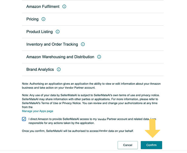 Web page showing Amazon app authorizations with checkbox ticked. Yellow arrow points to teal 'Confirm' button.