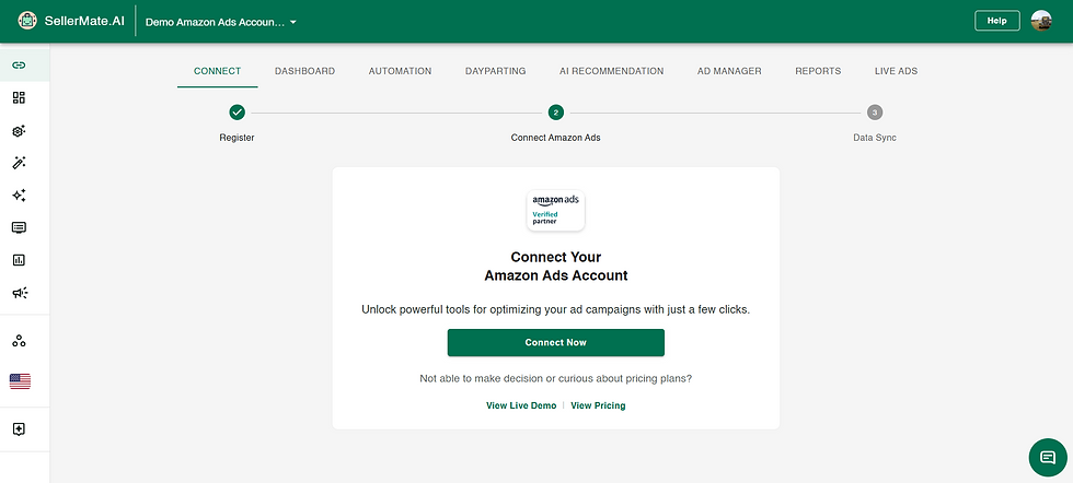 Dashboard for connecting Amazon Ads account on SellerMate.AI.