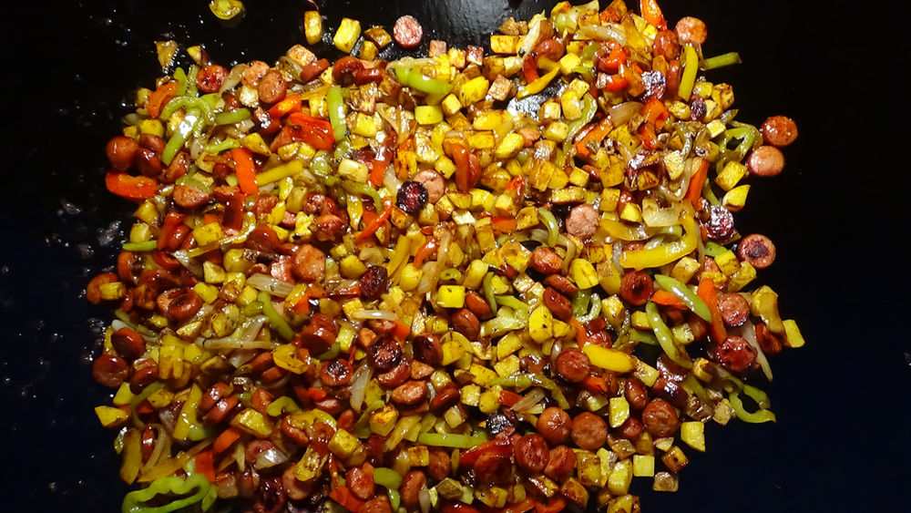 Sausage, Peppers and Potatoes on the Blackstone Griddle