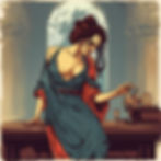Jezebel, in dishevelled clothing, leaning on the edge of a table, scheming!