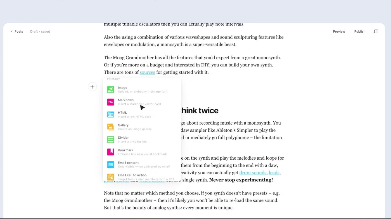 Ghost blogging platform editor