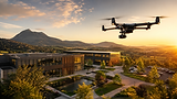 Valorisation par drone d'un bâtiment moderne au coucher du soleil.