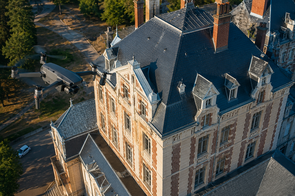Drone survolant un château historique pour une inspection.