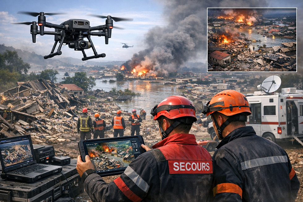 Vue aérienne d’une toiture sinistrée après un orage de grêle, utilisée pour l’évaluation des dégâts par drone.