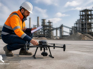 Opérateur drone professionnel en équipement de sécurité préparant son drone sur un site industriel avant une mission d’inspection, de contrôle ou de suivi technique.