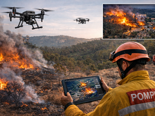Drone de surveillance incendie survolant une zone forestière en feu, tandis qu’un pompier analyse en temps réel des images thermiques sur tablette, avec foyers actifs, fumée et moyens de secours visibles en arrière-plan.