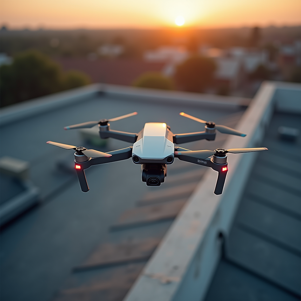 Drone en vol au-dessus d'un toit au coucher du soleil.