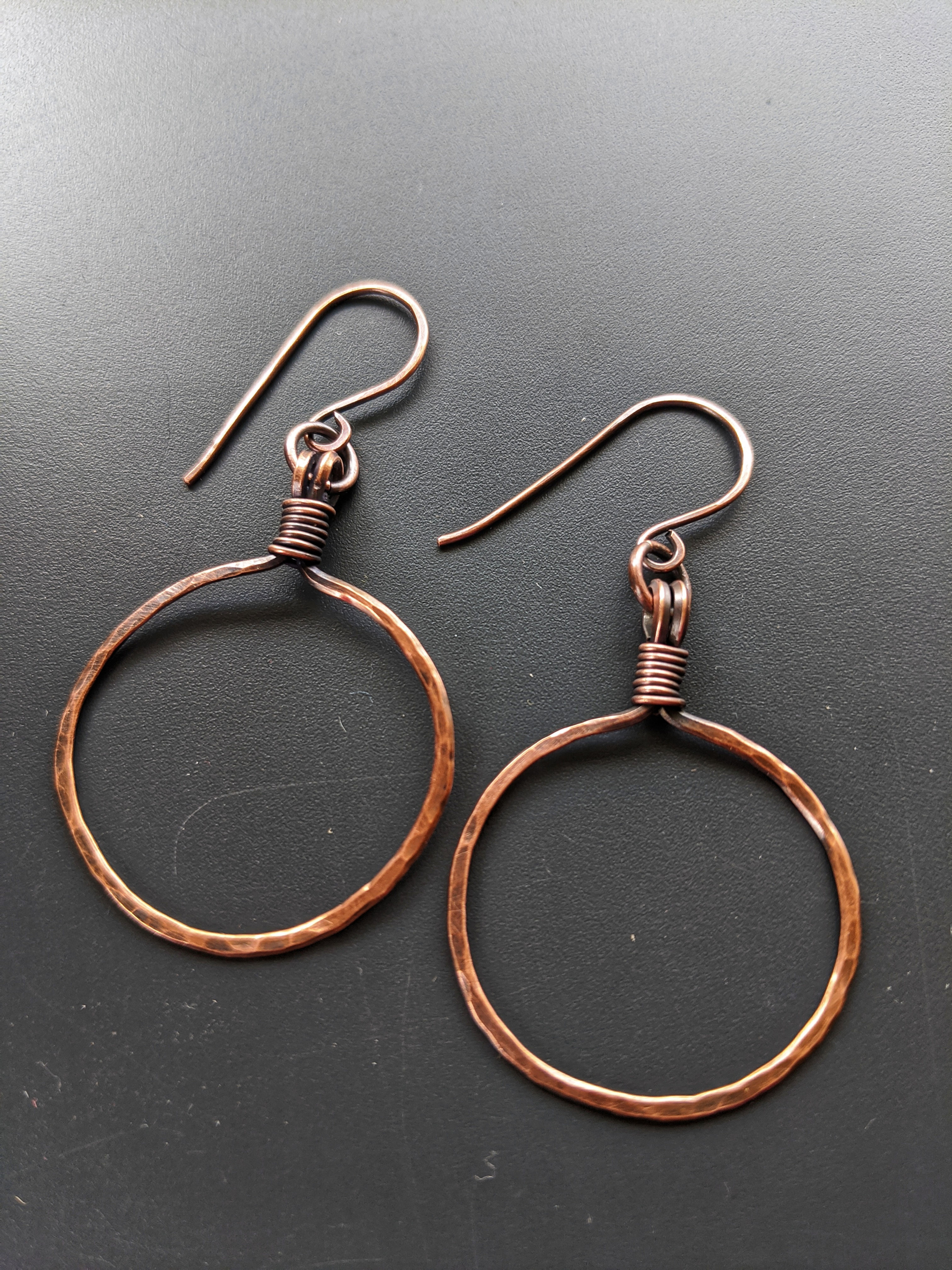 Hammered copper hoop, wire-wrapped
