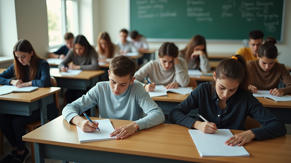High angle view of a classroom with students studying independently