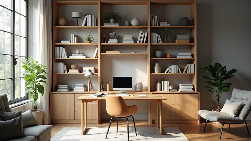 High angle view of a well-organized home office with vertical shelving