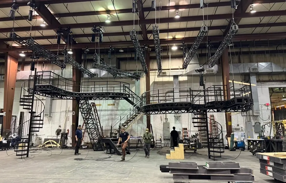 Hudson Scenic Studios fabricators assemble a multi-tier set of metal stairs and platforms finished as carbon steel at their Yonkers, New York facility for the Broadway production of Lempicka.