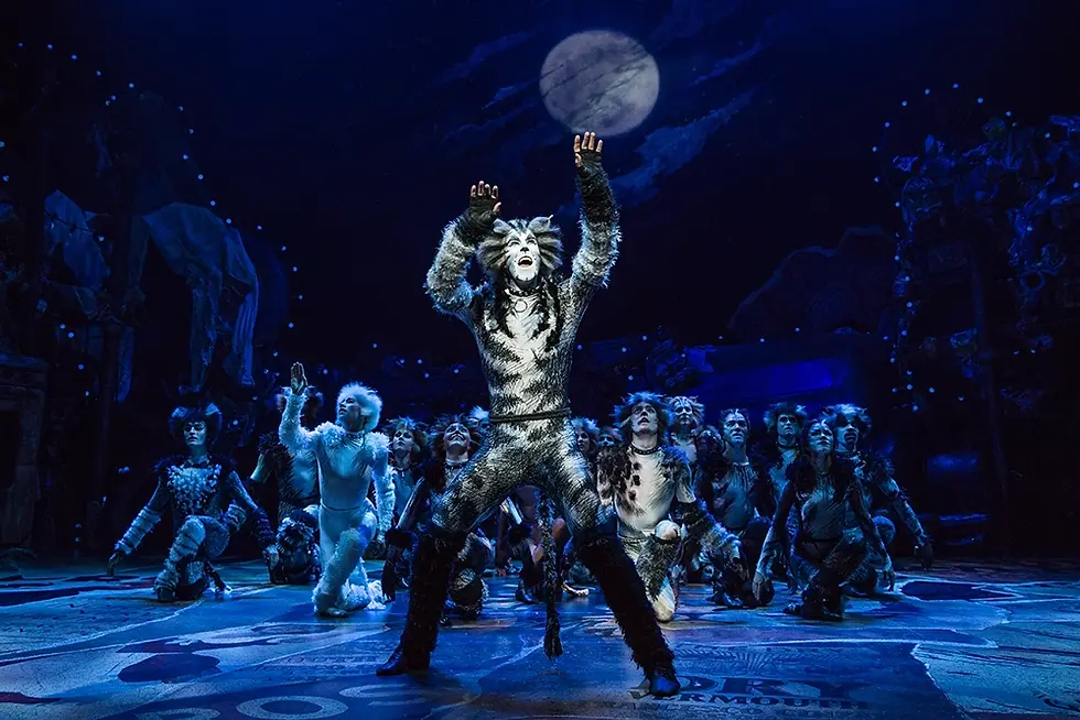 Andy Huntington Jones as Munkustrap and the cast of the 2016 Broadway revival of Cats perform a junkyard set with a moon behind.