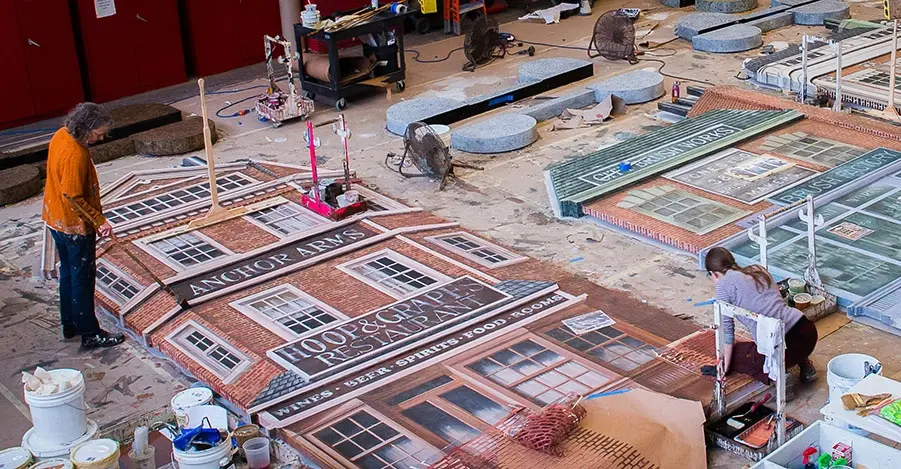 Hudson Scenic Studios artists paint scenic backdrops for the 2018 Broadway revival of My Fair Lady.