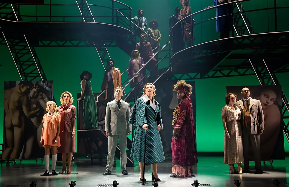 Eden Espinosa and the Broadway cast of Lempicka perform on a multi-tier set of metal stairs and platforms finished as carbon steel and lined on the edges with LED strip lighting.
