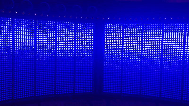Hudson Scenic Studios staff test the lighting and motion controls of rotating scenic light panels for the Broadway production of The Cher Show at their Yonkers, New York facility.