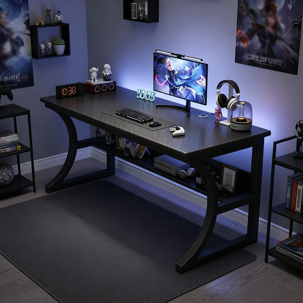 100cm Carbon Fiber Gaming Desk with Lower Storage Shelf Curved Metal Frame Compu