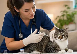 Mobile veterinarian providing vaccination care for a cat at home