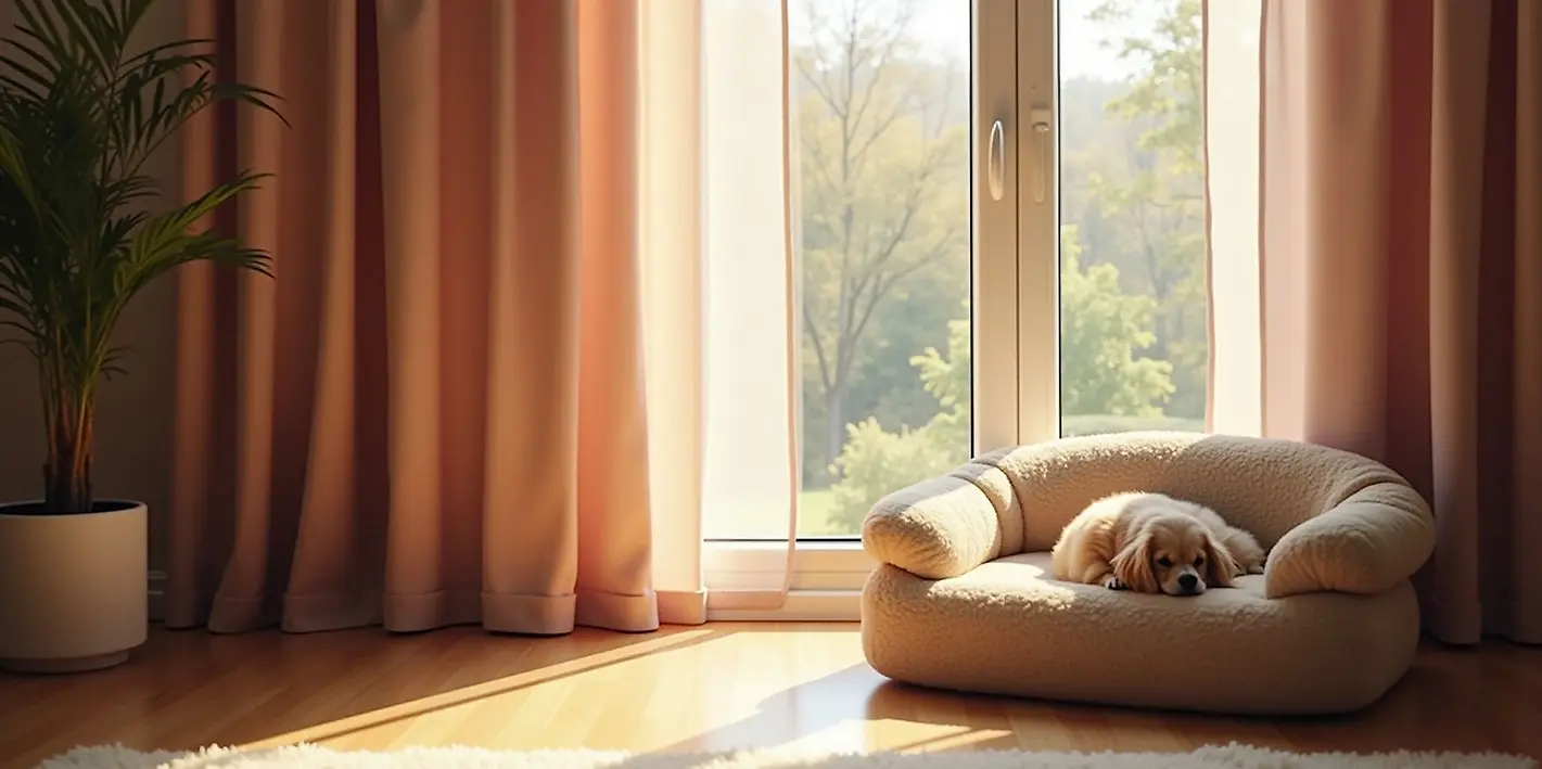 Is image ke liye best alt text:  **Calm dog relaxing comfortably at home before a mobile veterinary 