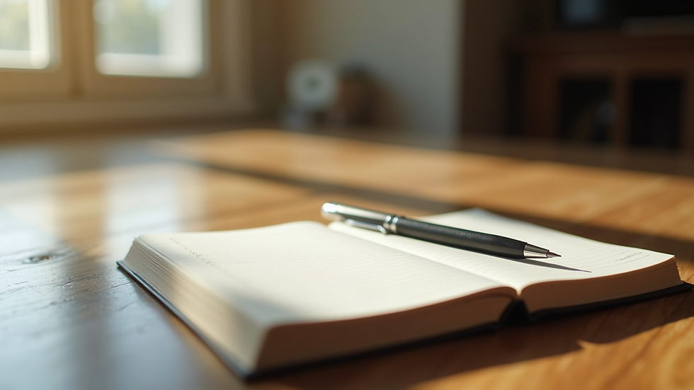 Close-up view of a journal and pen on a wooden table with soft natural light