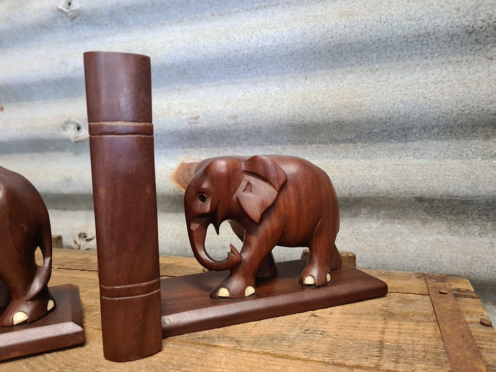 Thumbnail: Vintage carved wooden elephant bookends secret compartments 