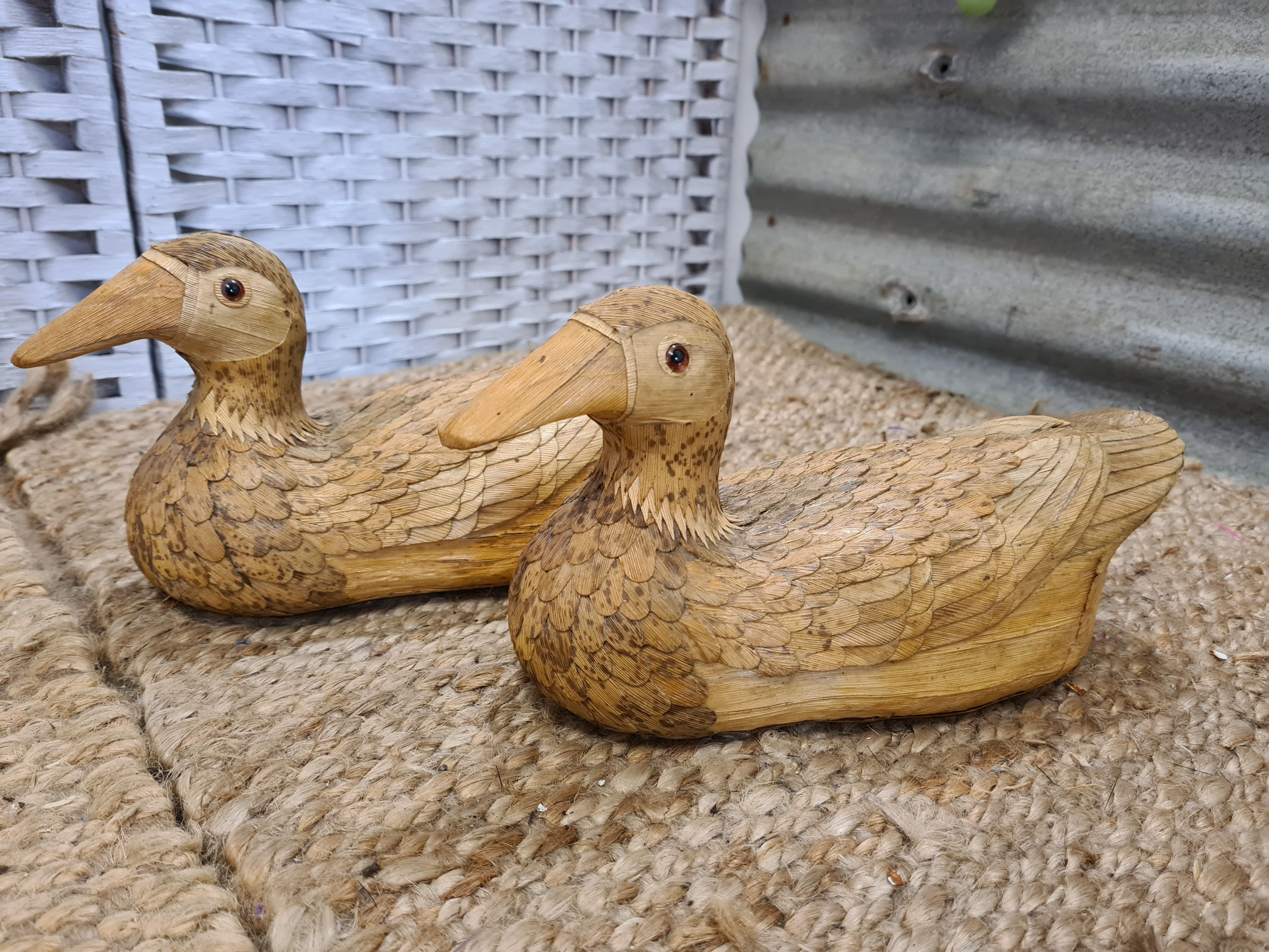 vintage 2x Handmade Corn Husk Ducks decorative