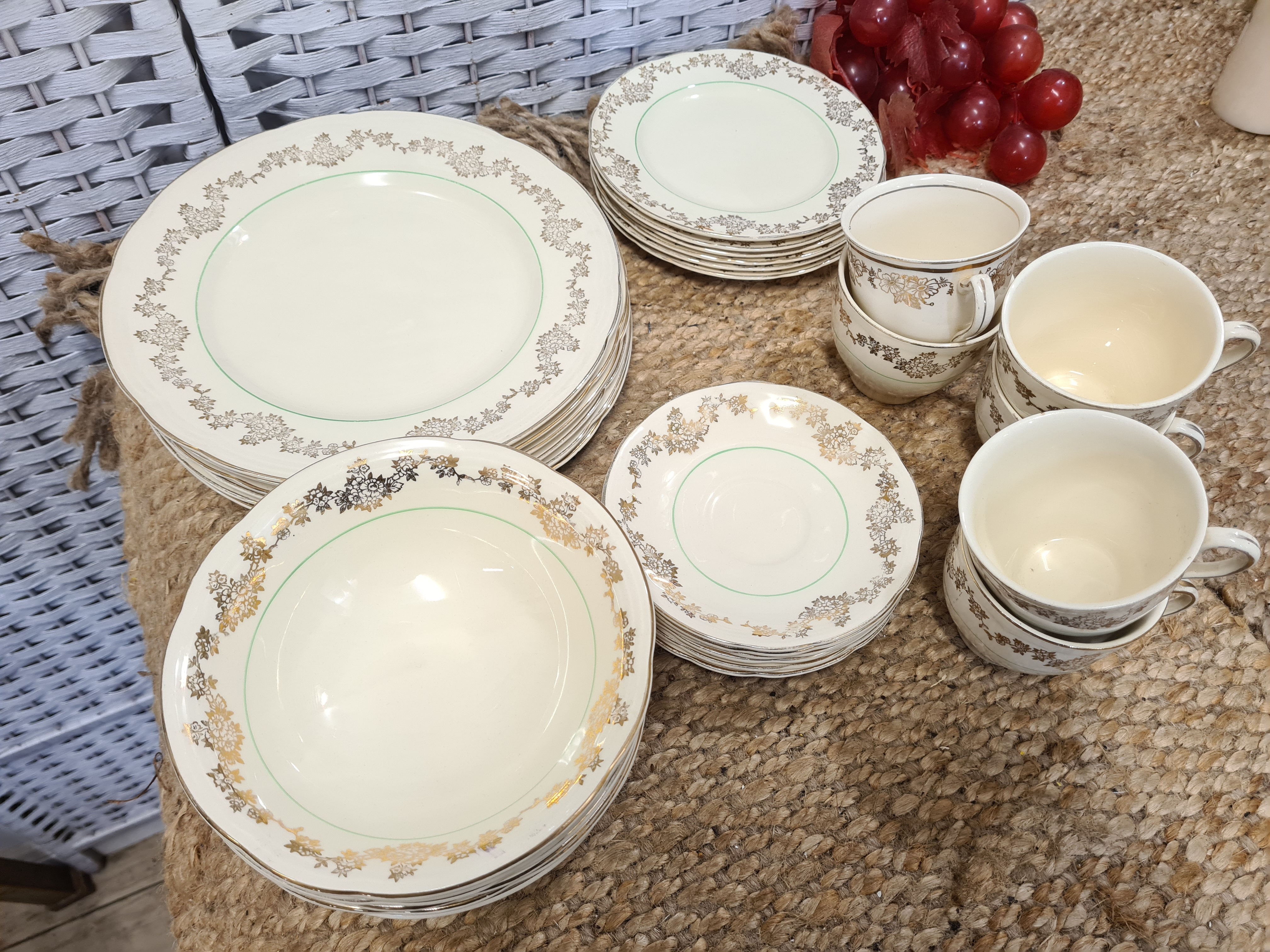 Vintage Alfred Meakin Cream and Gold Dinnerware plates cups saucers bowls Englan