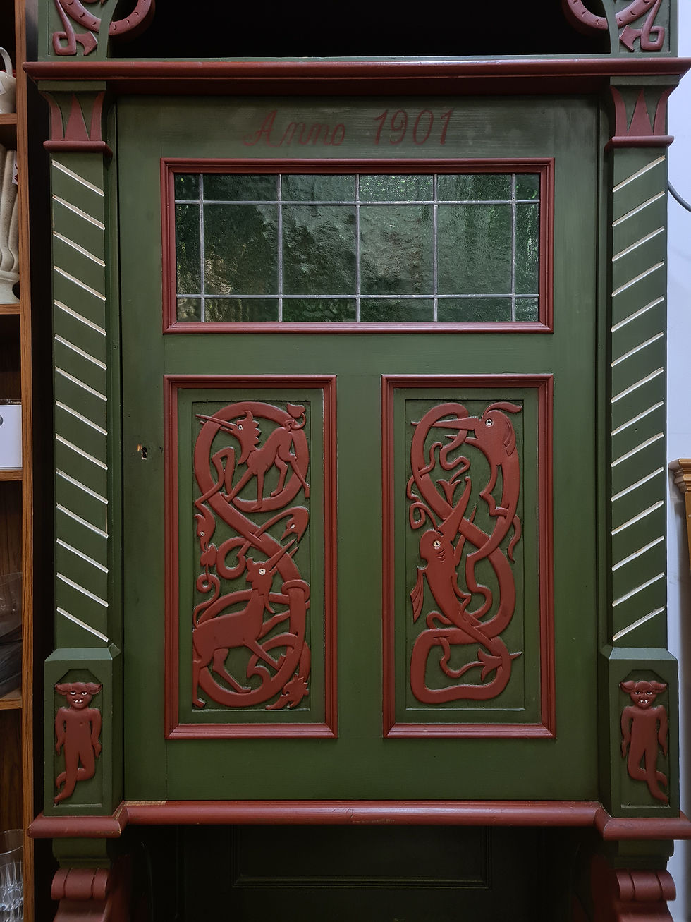 Thumbnail: Vintage carved cabinet celtic scandinavian Viking stained glass unusua