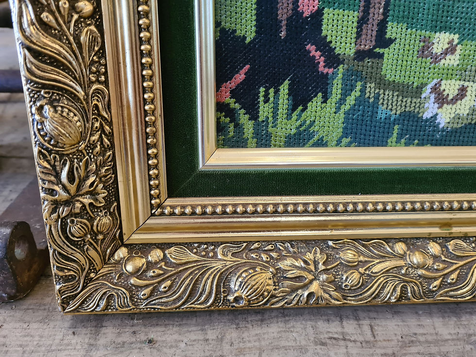 Thumbnail: Large wall hanging tapestry cross stitch frame glass gold gilt ornate 