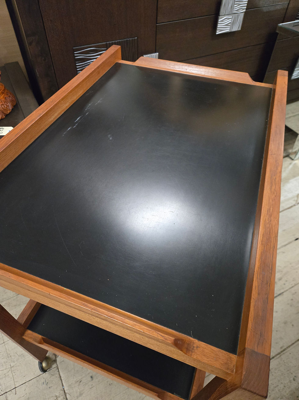 Thumbnail: vintage mid-century Teak 2 tier serving tray trolley swivel cart