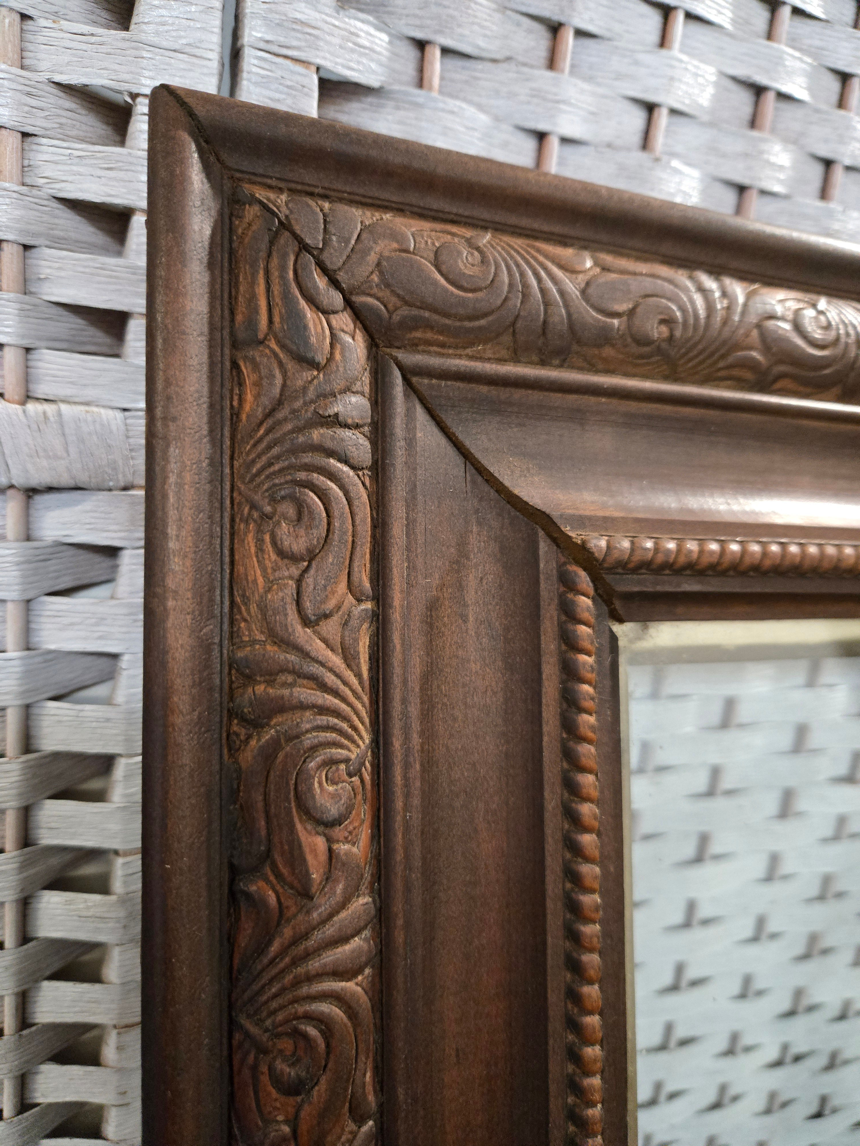 Antique carved wooden shadow box frame glass front