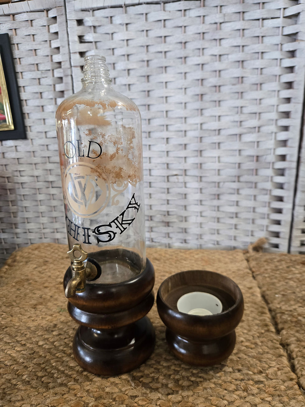 Thumbnail: vintage glass wood old whiskey dispenser decanter bar display brass tap small