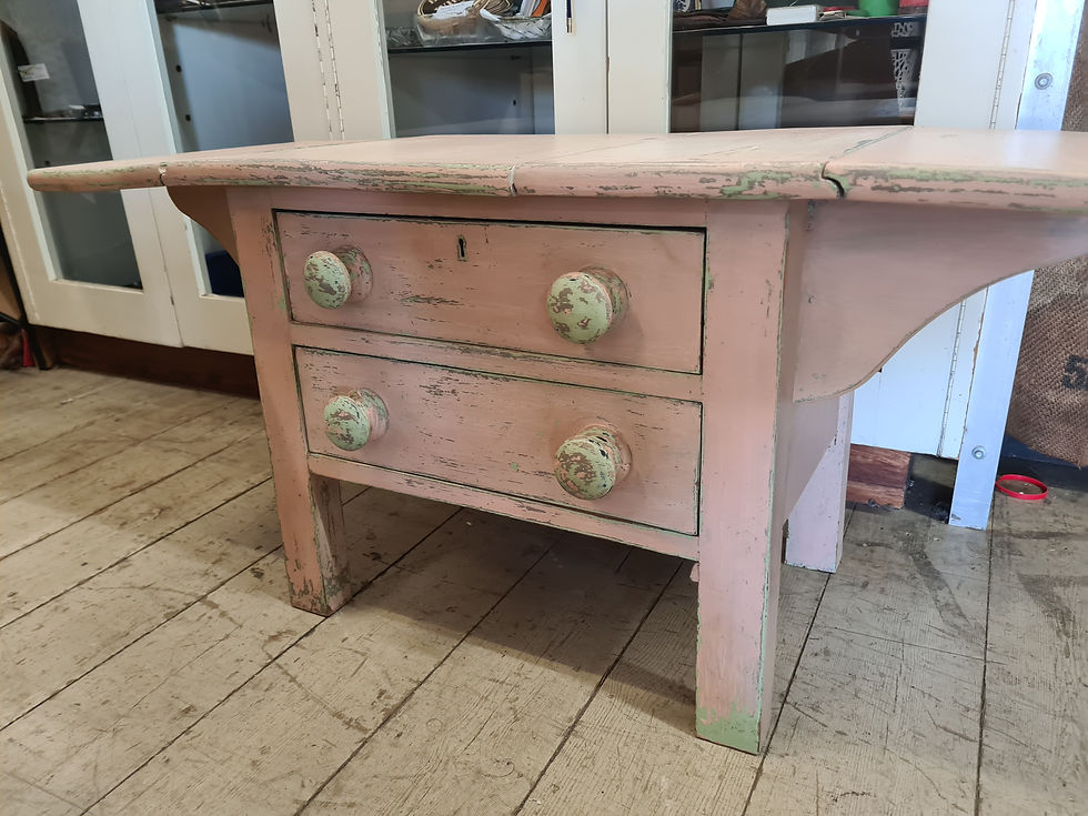 Thumbnail: Old shabby chic timber small drop sides kids table desk drawers