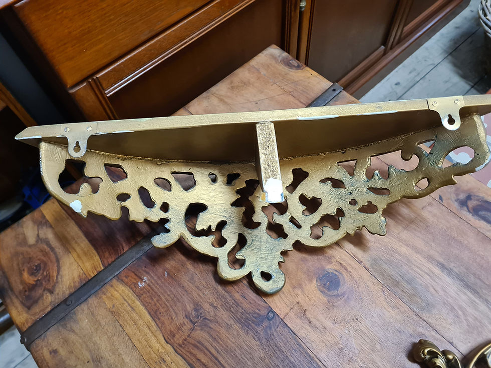 Thumbnail: Vintage ornate gold wall hanging mirror oval with shelf