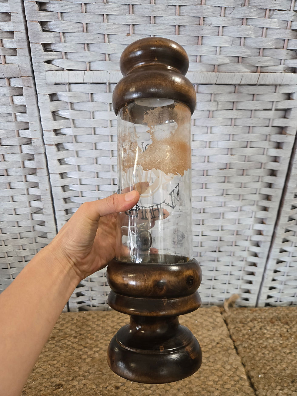 Thumbnail: vintage glass wood old whiskey dispenser decanter bar display brass tap small