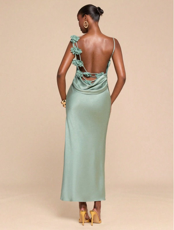 Thumbnail: Sage Green Spaghetti Strap Backless Satin Dress