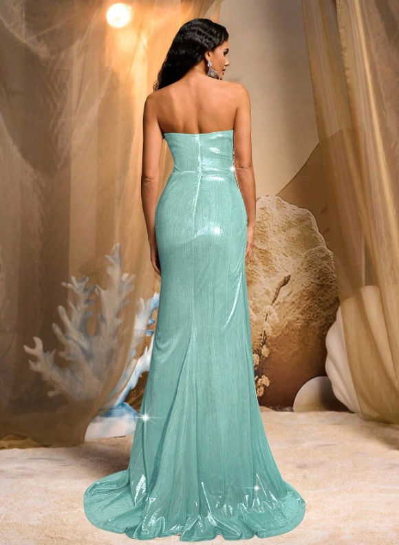 Thumbnail: Teal Blue Elegant Luxurious Bead and Rhinestone  Embellished Dress