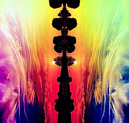 Vibrant rainbow sunset, symmetrical tree silhouette